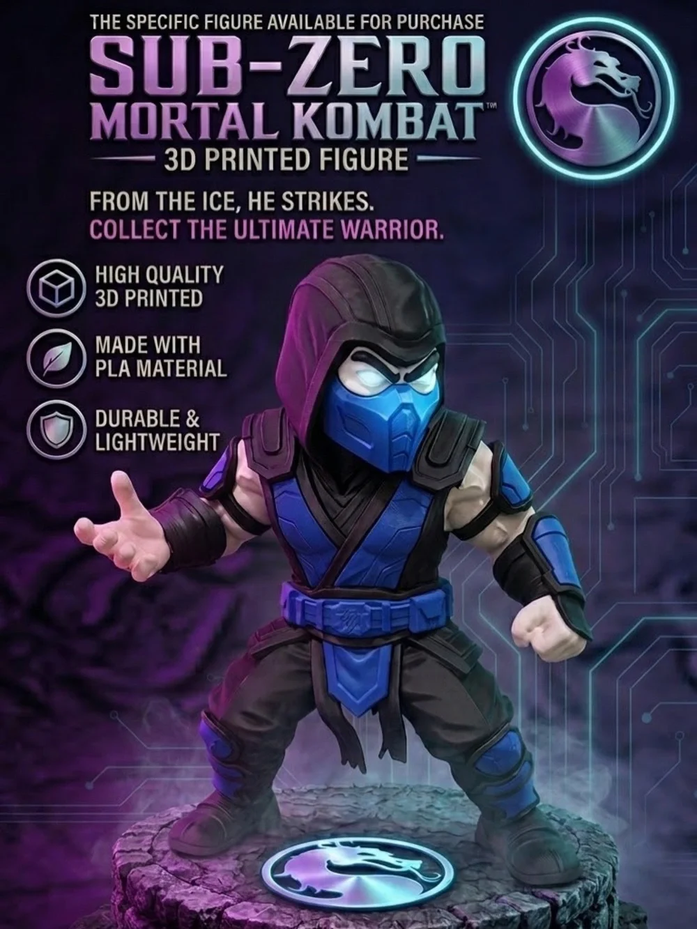Sub-Zero 3D Printed Figure - Blue & Black Mortal Kombat Collectible